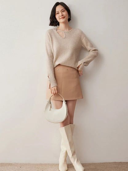 CHICUU Women's 100% Cashmere Knit Pullover Sweater Cut Out Collar Long Sleeve Pullover Autumn Winter Basic Cashmere Knitwear Top