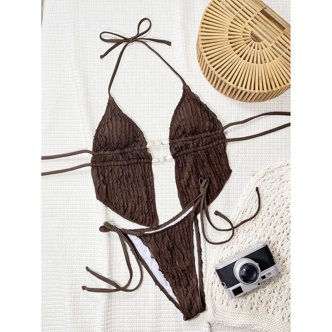 Wrinkled Tankini Halter Bikini Women Swimwear Female Swimsuit Two-pieces Bikini set High Cut Leg Bather Bathing Suit Swim V7154