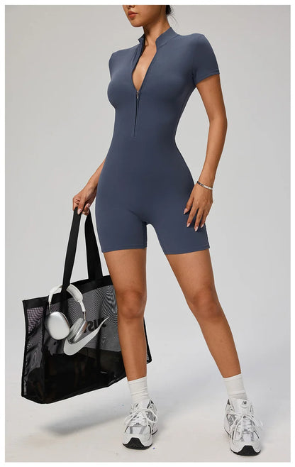 TRY TO BN Sports Jumpsuit Zipper Short Sleeves Yoga Sportswear Fitness Workout Bodysuit One Piece Suits Tights Gym Woman Clothes