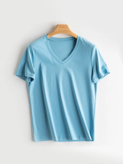 SuyaDream Women Solid T shirts, Silk Cotton Blend, O Neck, Short Sleeved Solid Tee,2025 Summer Candy Colors Basic Cozy Top Green
