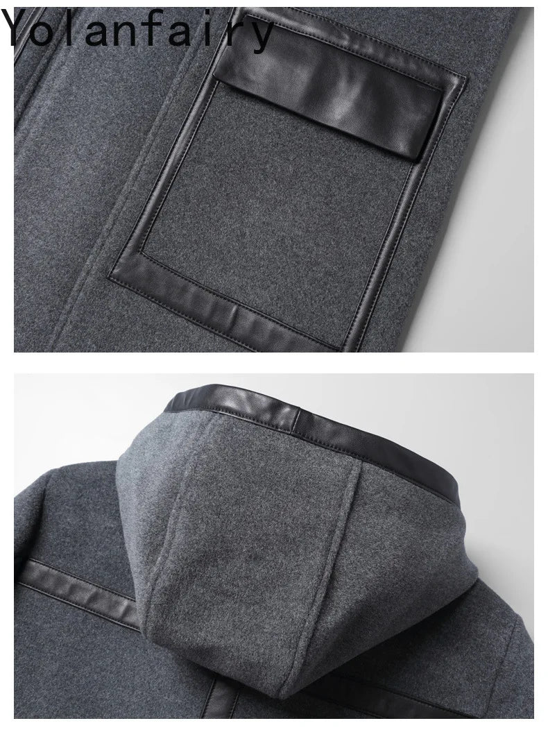 YOLANFAIRY Luxury Woolen Jackets for Man Autumn Winter Mid-length Pure Wool Patchwork Sheepskin Trench Coat Hooded Mens Jacket