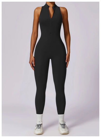 Summer V Back One-piece Suit Women Sports Jumpsuit Zippers Yoga Rompers Backless Sportswear Women Sleeveles Workout Bodysuits