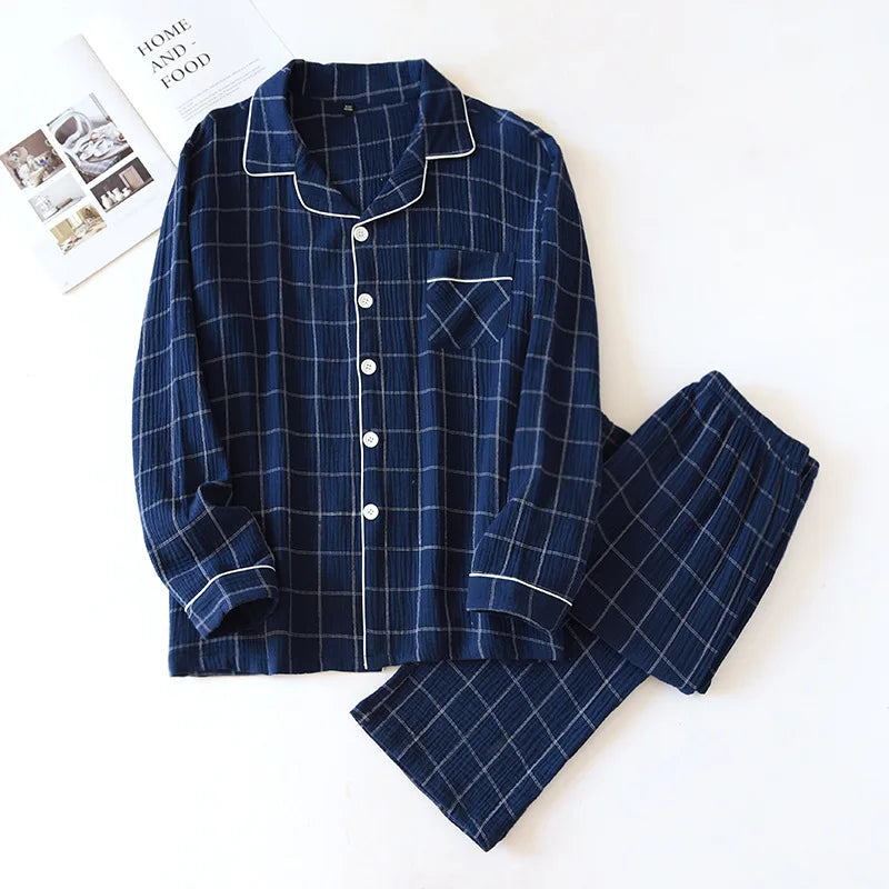 New men's plaid home service suit 100% cotton crepe cloth pajamas long-sleeved trousers simple two-color plus size home service