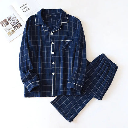 New men's plaid home service suit 100% cotton crepe cloth pajamas long-sleeved trousers simple two-color plus size home service