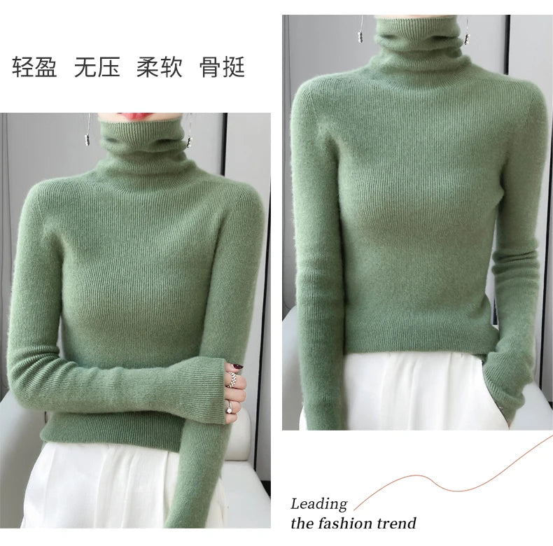 100% Merino Wool Long-sleeved Turtleneck Pullover Women's Autumn Winter Slim Sweater Basic Women's Clothes Cashmere Sweater