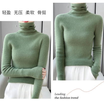 100% Merino Wool Long-sleeved Turtleneck Pullover Women's Autumn Winter Slim Sweater Basic Women's Clothes Cashmere Sweater