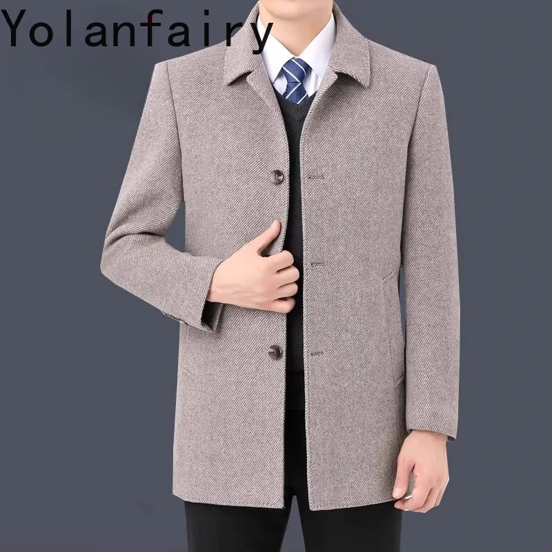 YOLANFAIRY 100% Cashmere Jacket for Men 2025 Autumn Winter Mid-length Wool Coats Man Clothing Casual Business Men's Woolen Coat