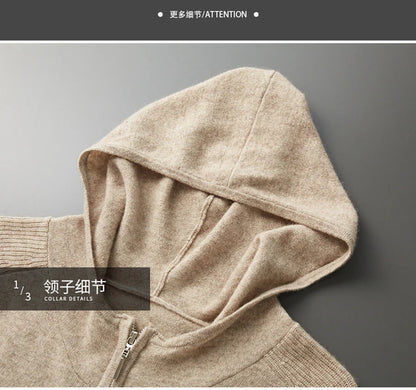 Autumn/Winter Men Sweater Suit Hooded Zipper Pullover Pants Thick Warm Casual Clothing 100% Cashmere Knitwear Trousers Tops