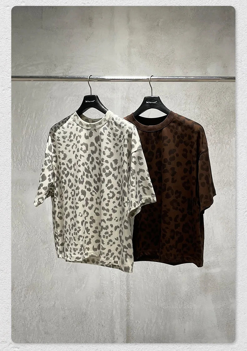 Custom LOGO men's new summer 240G cotton polyester American retro BOXY leopard print short-sleeved T-shirt casual loose top