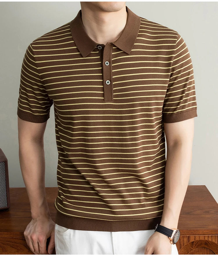 Men's Lyocell shirt summer new casual striped short sleeved T-shirt Polo collar breathable comfortable knitted pullover