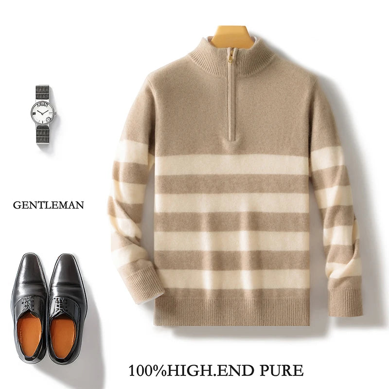Men's 100% Merino Wool Sweater Half-high Collar Half Zip Thick Pullover Autumn Winter Cashmere Stripe Knitwear Long Sleeved Tops