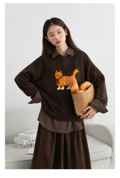 CHIC VEN New Women Sweaters Loose Casual O Neck Cartoon Cat Female Knitted Jumpers Pullovers for Girl Autumn Winter 2025