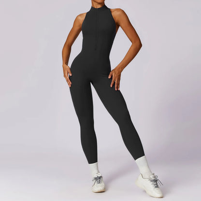 Summer V Back One-piece Suit Women Sports Jumpsuit Zippers Yoga Rompers Backless Sportswear Women Sleeveles Workout Bodysuits