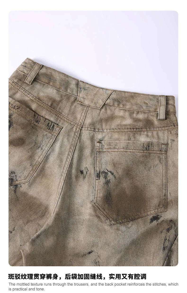 Custom LOGO men's 270G pure cotton high street retro casual pants scimitar denim texture mud yellow old loose wide-leg pants