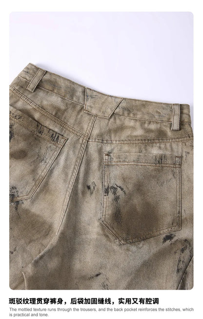 Custom LOGO men's 270G pure cotton high street retro casual pants scimitar denim texture mud yellow old loose wide-leg pants