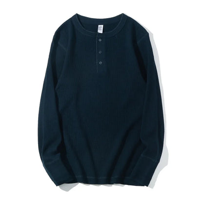 New Waffle Henry Collar Men Heavy Cotton T-shirt American Retro Fitness Solid Long-sleeved Bottoming Shirt Thick Soft Tshirts