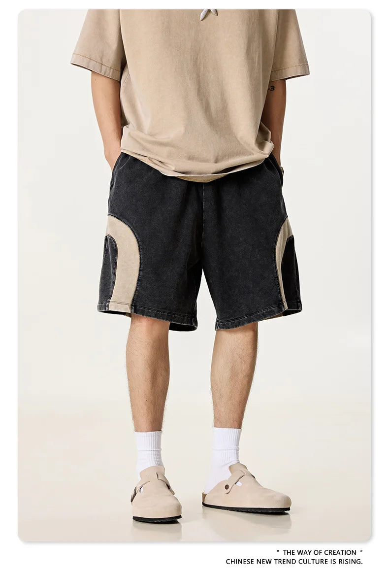 Customized LOGO men's summer European and American hip-hop style splicing contrasting shorts loose straight five-point pants