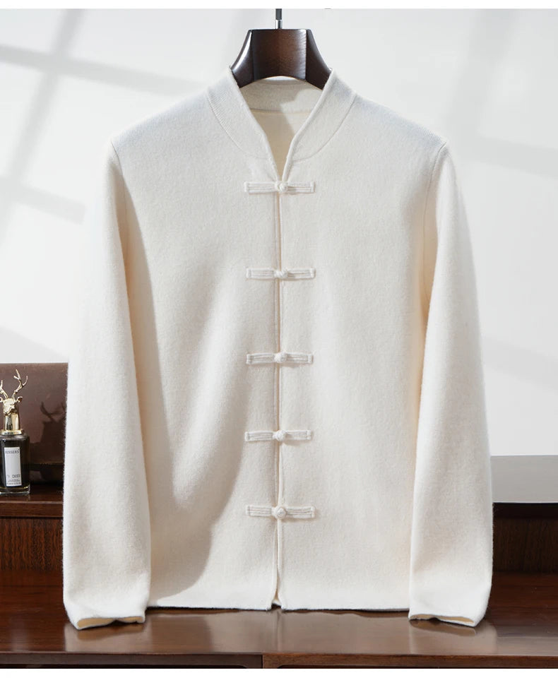 100%Pure Wool Chinese style buckle Cardigan Men Sweater Casual Comfort Knitted Long Sleeve Men's Wool Sweater Spring Autumn Coat