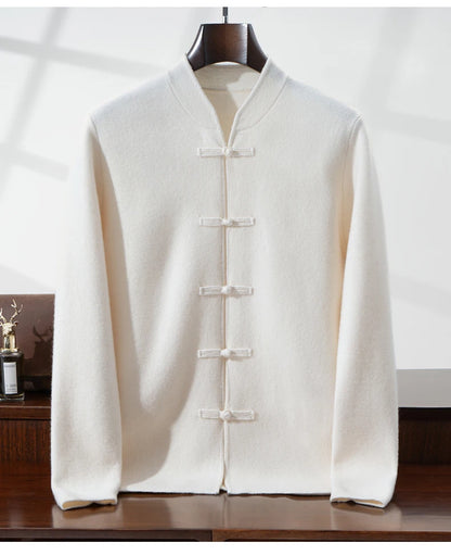 100%Pure Wool Chinese style buckle Cardigan Men Sweater Casual Comfort Knitted Long Sleeve Men's Wool Sweater Spring Autumn Coat
