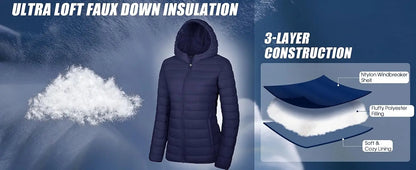 TACVASEN Full Zip Up Hooded Puffer Jacket Womens Winter Quilted Warm Coats Casual Windbreaker Padded Lightweight Outdoor Outwear