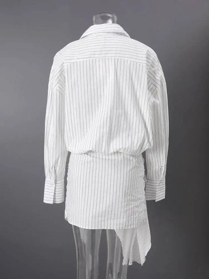 DEAT Fashion Striped Wrap Tie Waist Shirt Mini Dress Women's Lapel Asymmetric Ruched Hem Striped Bodycon Dresses Summer New