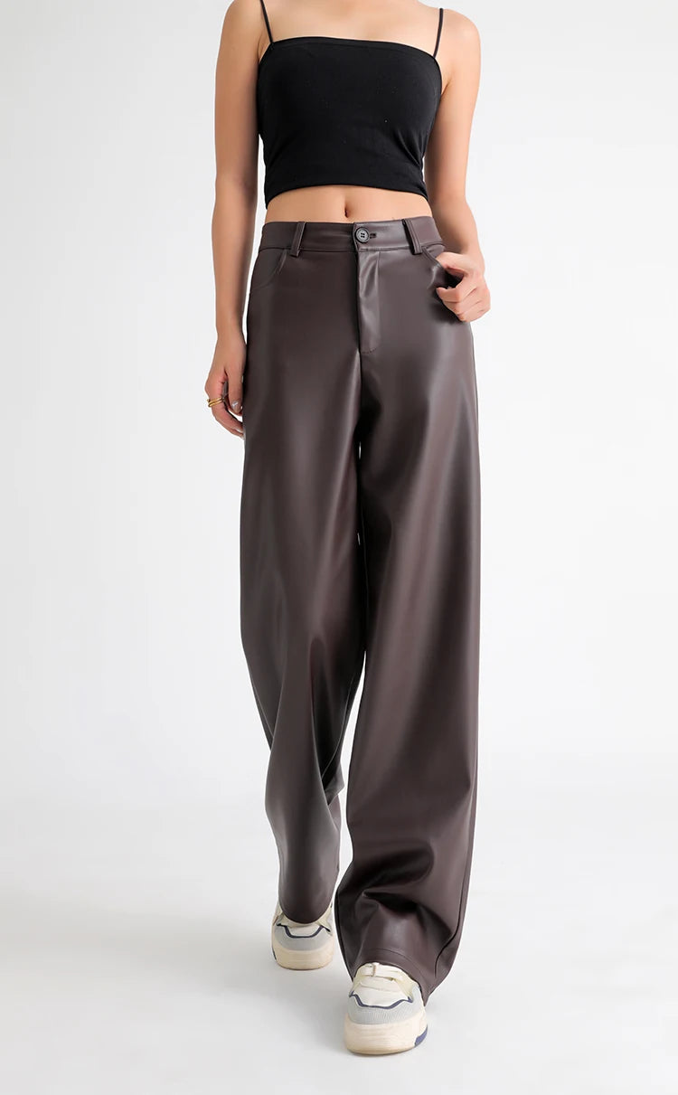 BIVIGAOS Fall Winter Fleece Loose Wide Leg Warm Leather Pants Women Button Pocket High Waist Thick PU Casual Straight Pants