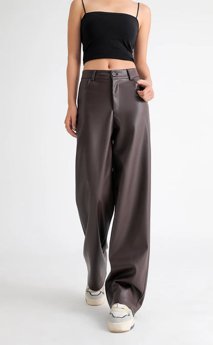 BIVIGAOS Fall Winter Fleece Loose Wide Leg Warm Leather Pants Women Button Pocket High Waist Thick PU Casual Straight Pants