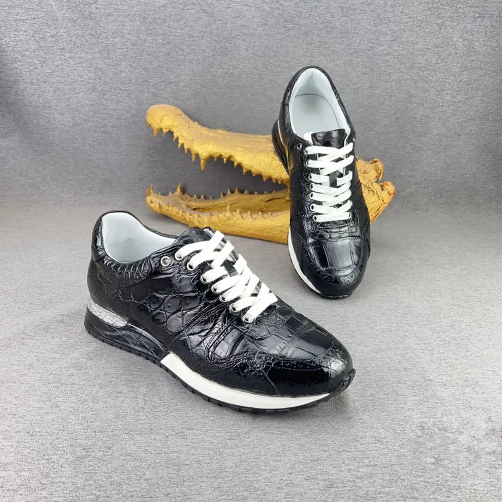 2026 new authentic crocodile leather men's black sneakers real crocodile leather men's soft lace-up casual shoes