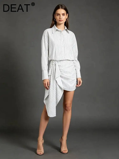 DEAT Fashion Striped Wrap Tie Waist Shirt Mini Dress Women's Lapel Asymmetric Ruched Hem Striped Bodycon Dresses Summer New