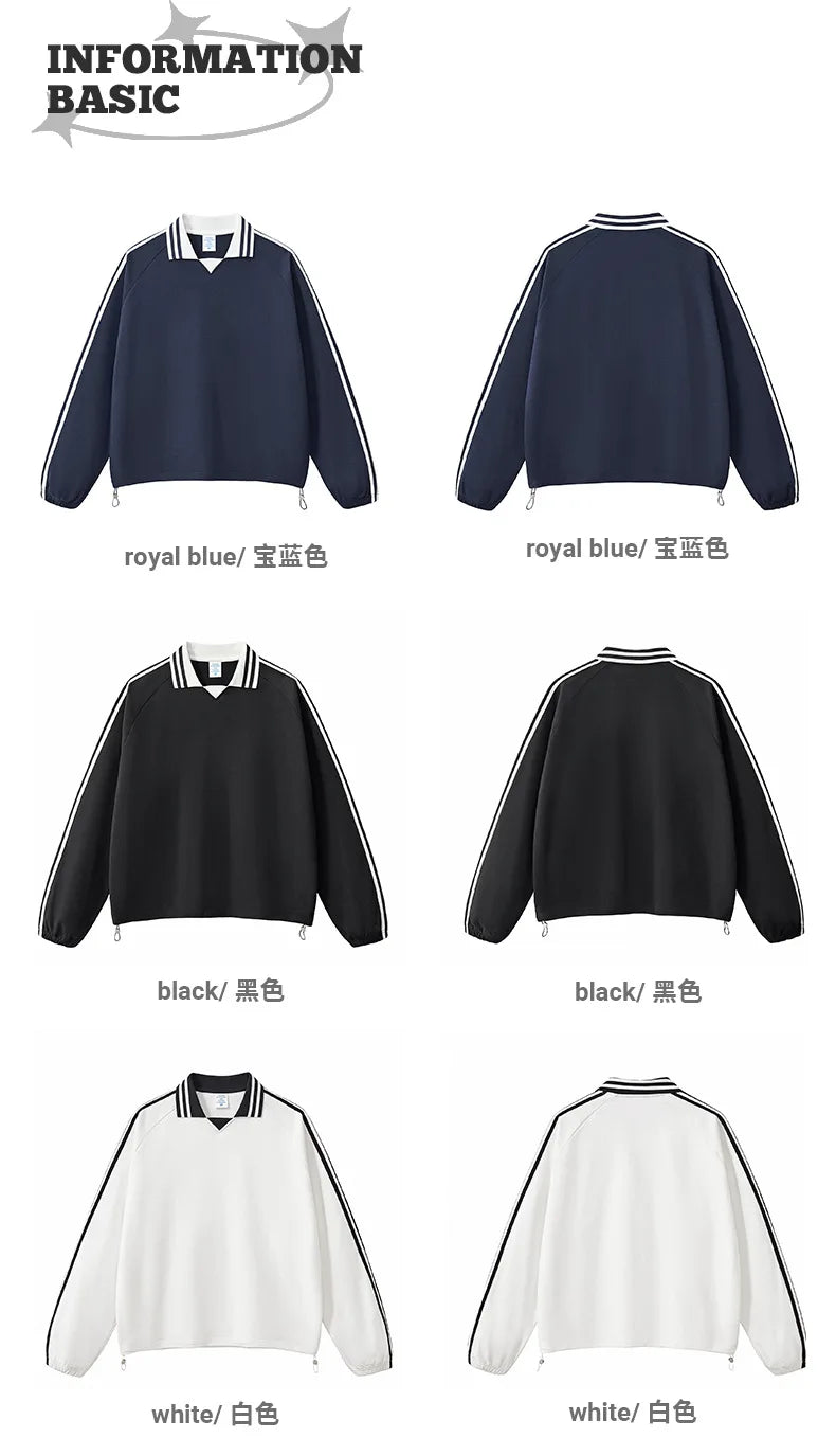Custom LOGO men's American striped 100% cotton sweater 380G college style contrasting color lapel couple commuter sweater