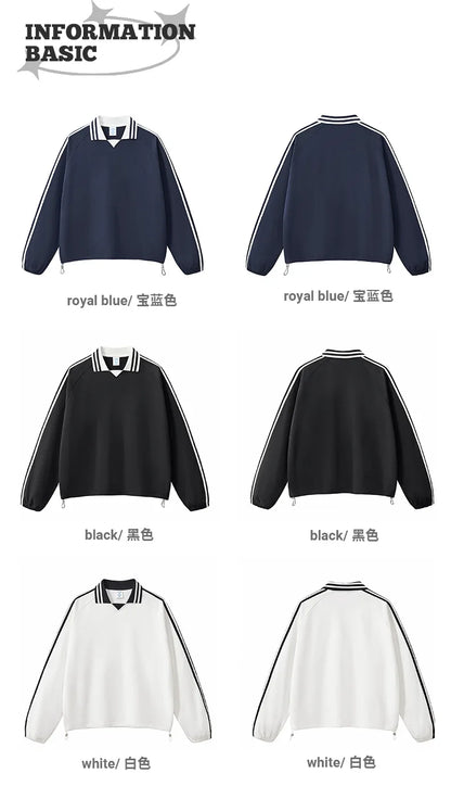 Custom LOGO men's American striped 100% cotton sweater 380G college style contrasting color lapel couple commuter sweater