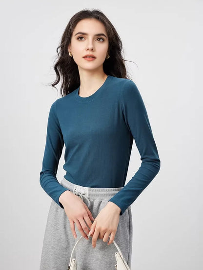 SuyaDream, Women Bottoming T Shirt, Silk Viscose Blend, Long Sleeves, Solid Basic Thermal  Shirt, 2024 Autumn Winter Top