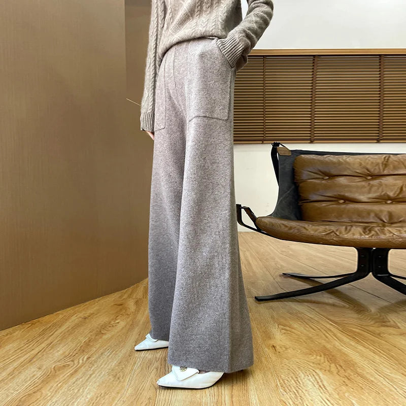 DjzDsm Women's Autumn Spring Knitted Floor-Length Wide Leg Pants 100% Merino Wool Long Trousers