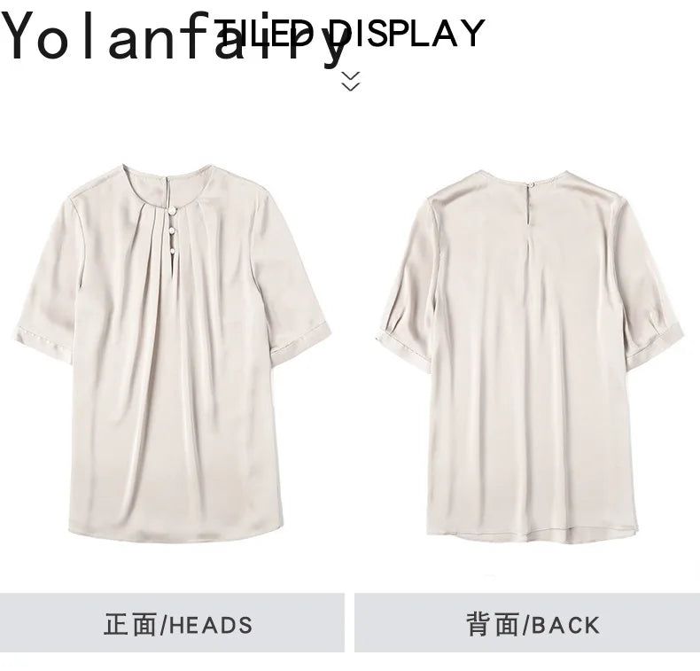 YOLANFAIRY 100% Natural Mulberry Silk T Shirts Woman Clothing 2026 Summer Loose Fashion T Shirt Elegant Womens Tops Short Sleeve