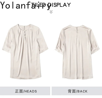 YOLANFAIRY 100% Natural Mulberry Silk T Shirts Woman Clothing 2026 Summer Loose Fashion T Shirt Elegant Womens Tops Short Sleeve
