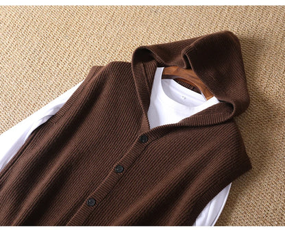 2025 Autumn/Winter Men's Vest 100% Merino Wool Knit Hooded Cardigan Casual Loose Sleeveless Solid Color Men's Cashmere Sweater