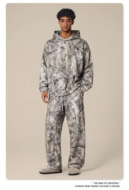 Custom LOGO men's new 340G heavy autumn and winter American camouflage fleece hooded sweatshirt jacket shorts set