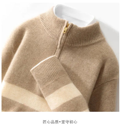 Men's 100% Merino Wool Sweater Half-high Collar Half Zip Thick Pullover Autumn Winter Cashmere Stripe Knitwear Long Sleeved Tops