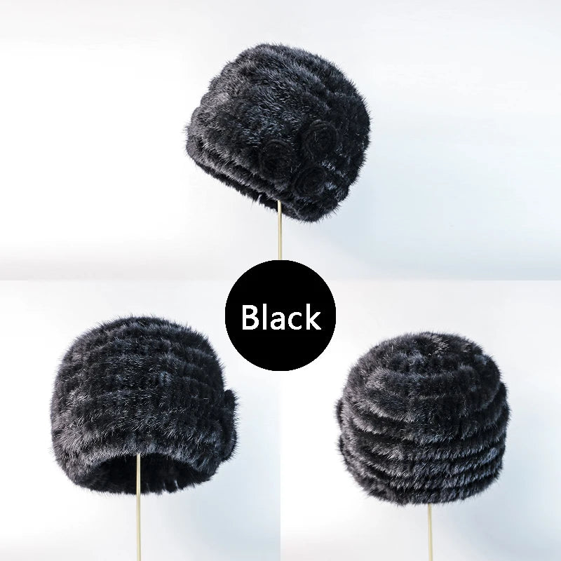 New fashion Genuine real natural women's knitted Mink Fur Hat  hand made knit Fashion Winter Headgear  brimless cap