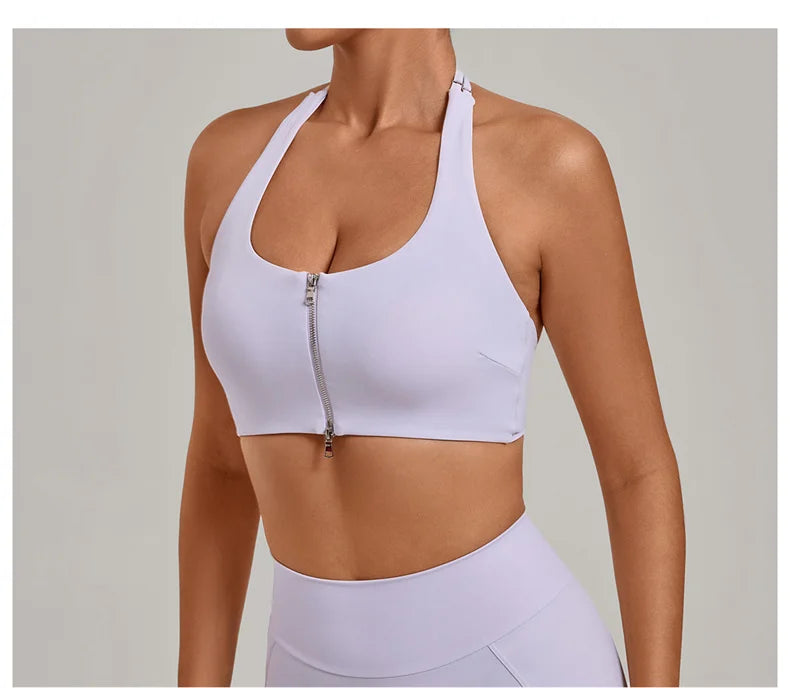 TRY TO BN Yoga Sports Bra Women's Zipper Halter Neck Naked Feeling Backless Underwear Fitness Tops Workout Running Gym Clothing