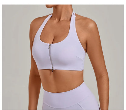 TRY TO BN Yoga Sports Bra Women's Zipper Halter Neck Naked Feeling Backless Underwear Fitness Tops Workout Running Gym Clothing