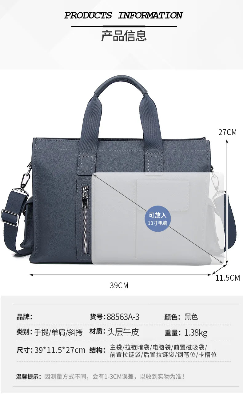 Genuine Messenger Bag Men Leather Handbag Large Capacity Business Commuter Handheld Cowhide Laptop Document Bag Men's Briefcase