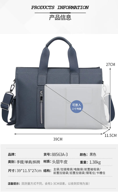 Genuine Messenger Bag Men Leather Handbag Large Capacity Business Commuter Handheld Cowhide Laptop Document Bag Men's Briefcase