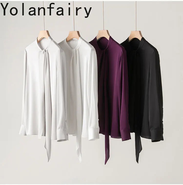 YOLANFAIRY 93% Real Mulberry Silk Shirts for Women Spring 2026 Elegant Solid Long Sleeve Shirt Woman Top Ribbon OL Blouses Trend