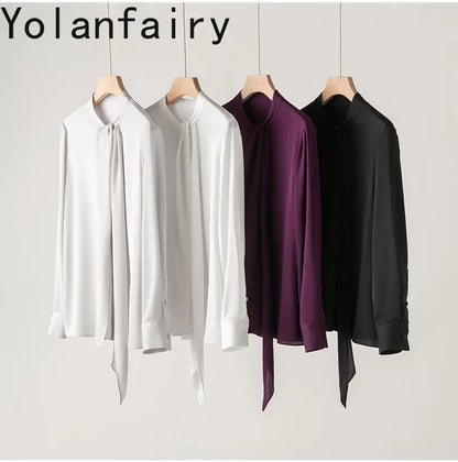 YOLANFAIRY 93% Real Mulberry Silk Shirts for Women Spring 2026 Elegant Solid Long Sleeve Shirt Woman Top Ribbon OL Blouses Trend