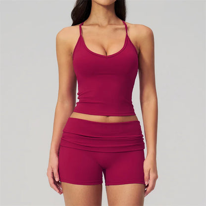 TRY TO BN Two Pieces Women's Tracksuit Vest Sling Top Set Fold-over Waist Yoga Shorts Hip Lifting Running Fitness Gym Activewear
