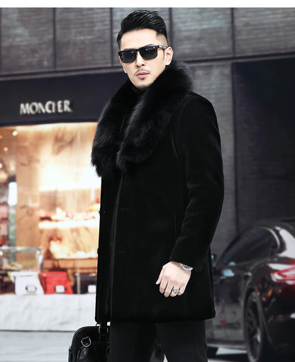 6XL Winter Jacket for Men Sheep Shearling Down Coat Men's Large Fur Collar Midi Long 100% Wool Real Fur Coats and Jackets FCY