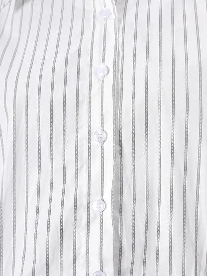 DEAT Fashion Striped Wrap Tie Waist Shirt Mini Dress Women's Lapel Asymmetric Ruched Hem Striped Bodycon Dresses Summer New