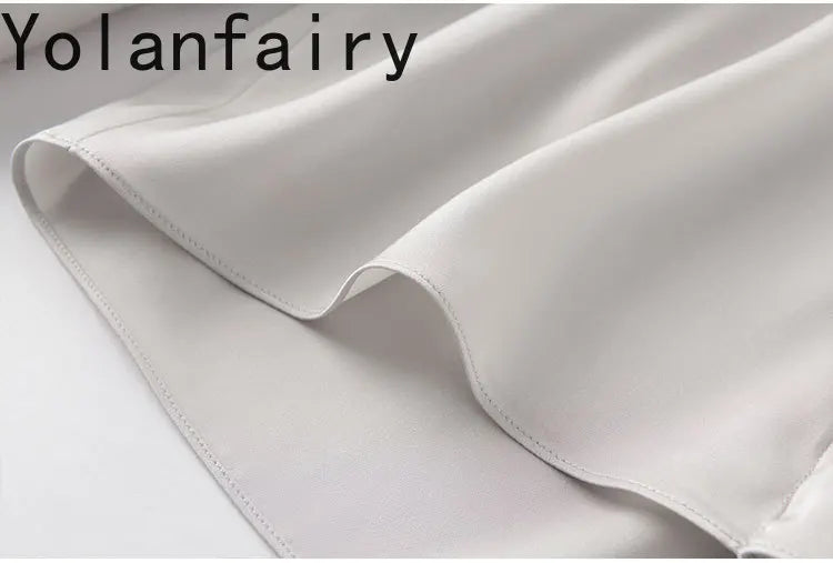 YOLANFAIRY 93% Real Mulberry Silk Shirts for Women Spring 2026 Elegant Solid Long Sleeve Shirt Woman Top Ribbon OL Blouses Trend