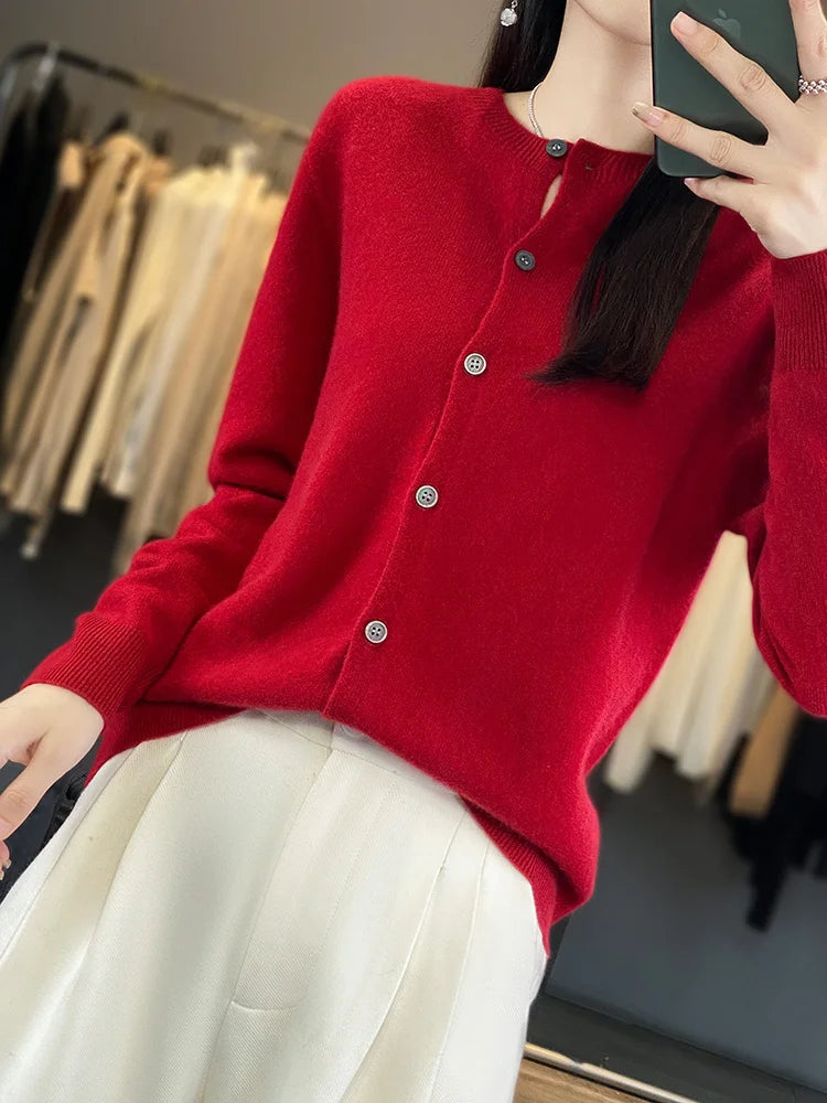 100% Merino Wool Sweater Women O-Neck Cardigan Basic Style  Buttoned Knitwear Female Casual Autumn Winter Soft Tops